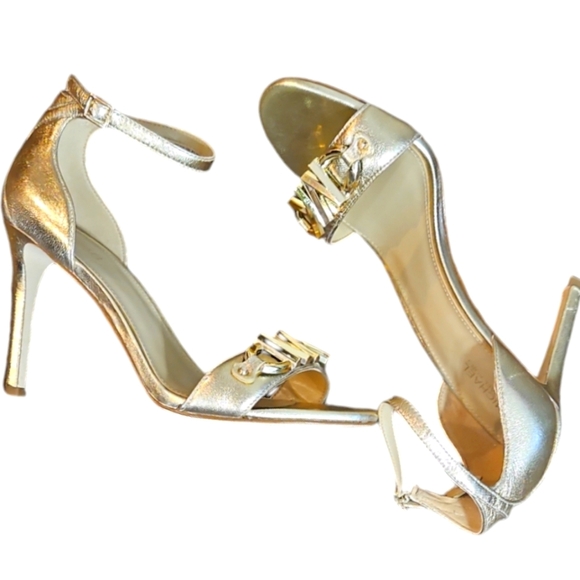 Michael Michael Kors Izzy Pale Gold Metallic Leather Heeled Sandals Size 8 - Picture 12 of 14